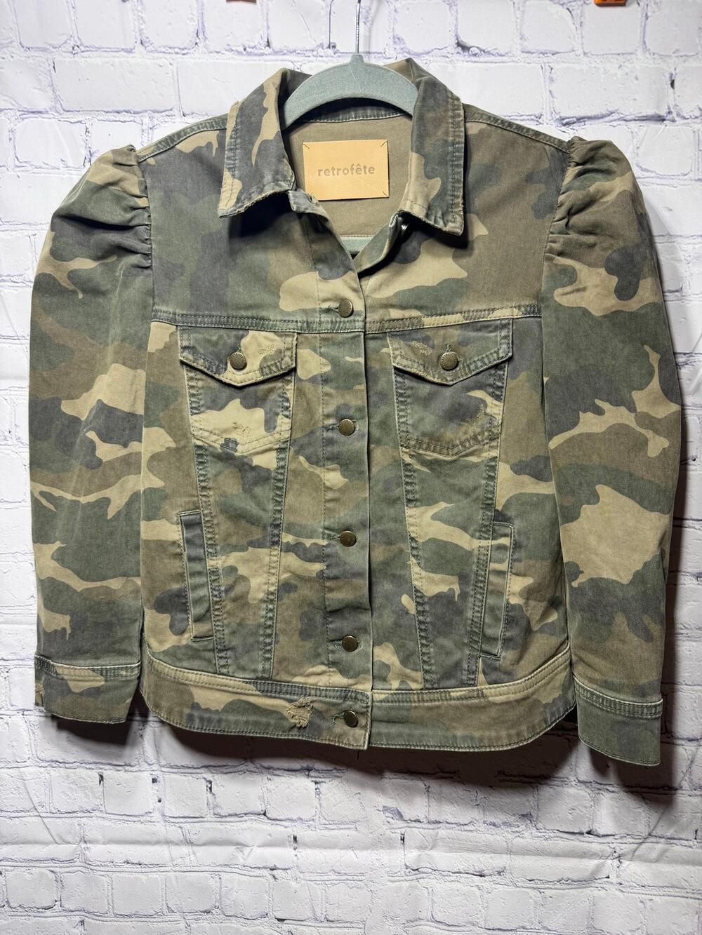 Retrofete Camouflage Ada Jacket Sz S Puff Sleeve Military Grunge Green
